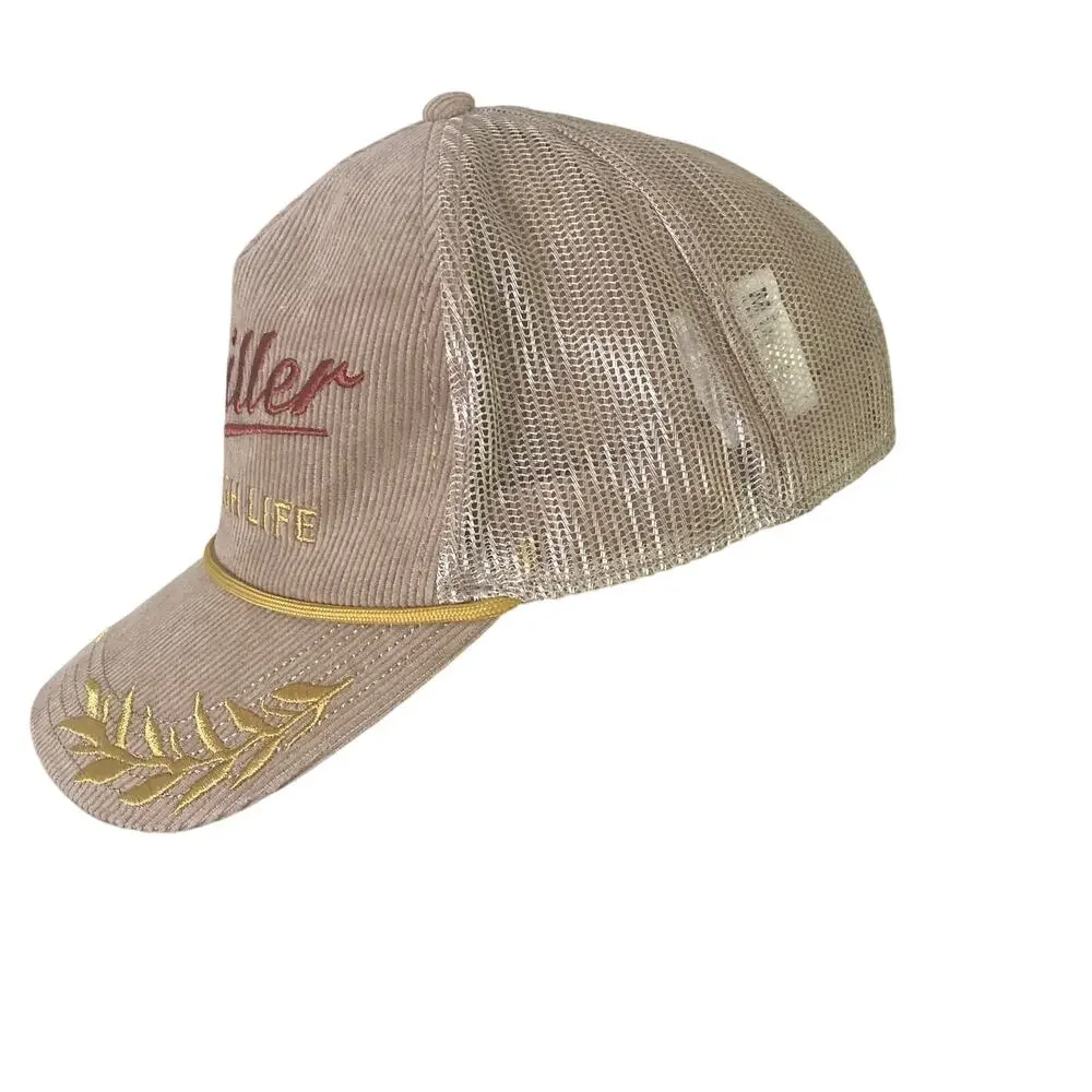 Miller High Life Trucker Hat Tan Corduroy Mesh Snapback Beer Cap One Size OSFM